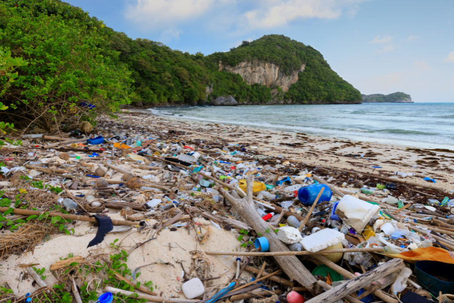 plastic waste on the beach in Phuket, Thailand.