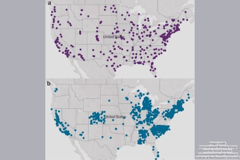 Two maps of the United States, the first with many purple dots, the second with many blue dots scattered across