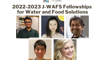 Headshots of Linzixuan (Rhoda) Zhang, James Zhang, Katharina Fransen, Aditya Ghodgaonkar, and Devashish Gokhale with text saying 2022-2023 J-WAFS Fellowships for Water and Food Solutions and the J-WAFS logo.