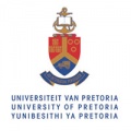 red and blue shield with U of Pretoria written in three languages