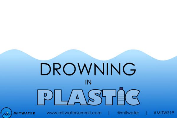 Words under image of water spelling "drowning in plastic"
