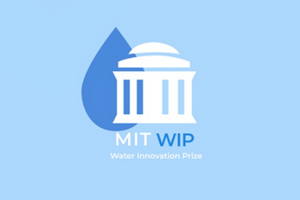 Text saying water innovation prize and MIT WIP on top of a dark blue raindrop and an image of a white building