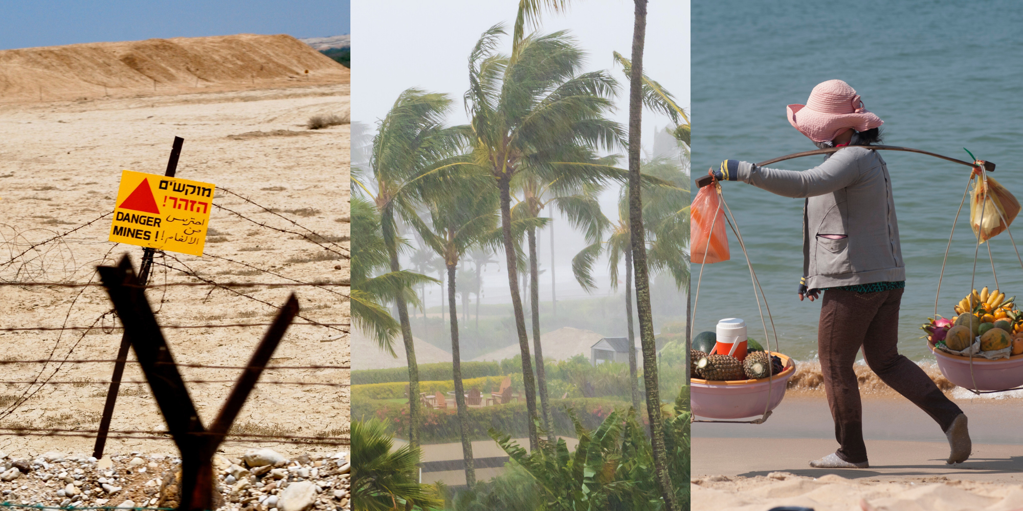 Three side-by-side images of a desert with a sign that says land mines, a tropical storm blowing palm trees, and a person walking on a beach carrying a large stick that is supporting to baskets of food on either side