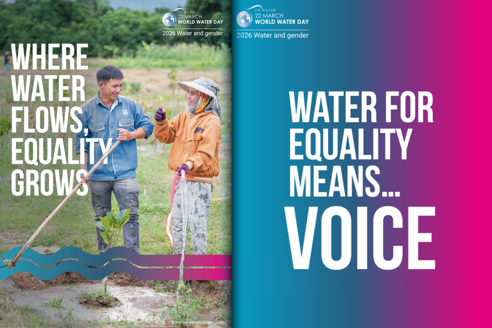 First photo: A woman and a man are laughing at talking while water flows from a hose the woman is holding. Second photo: Text reading "Water for equality means... voice" with blue to pink horizontal gradient background.