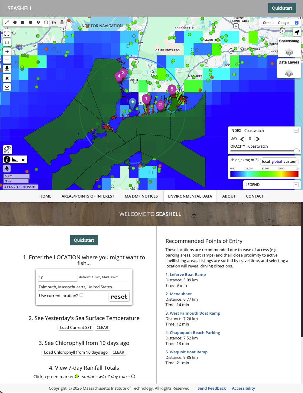 Seashell public interface homepage screen capture, depicting area status and data index