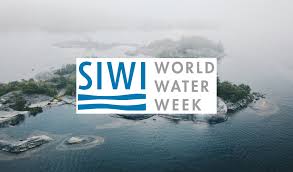 Stockholm World Water Week logo with island on ocean in background