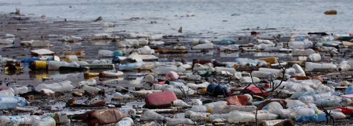 Water bottles and other pollution floating in water