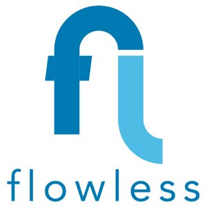 Flowless Logo which has a dark blue lowercase f and a light blue lowercase l