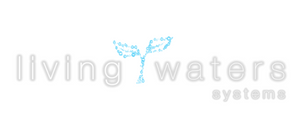 Living Waters Systems logo which features the company name in white letters and a light blue dolphin tail in the middle of the words