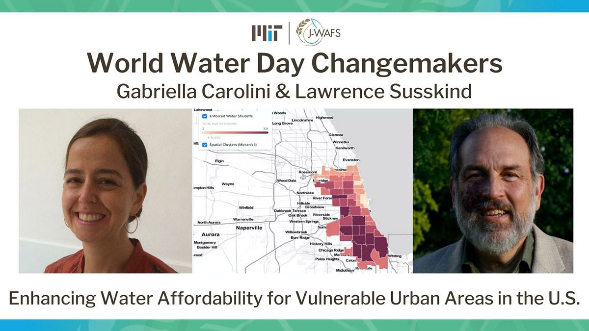 Headshots of Gabriella Y. Carolini and Lawrence Susskind with a map of Chicago water shut off areas in between