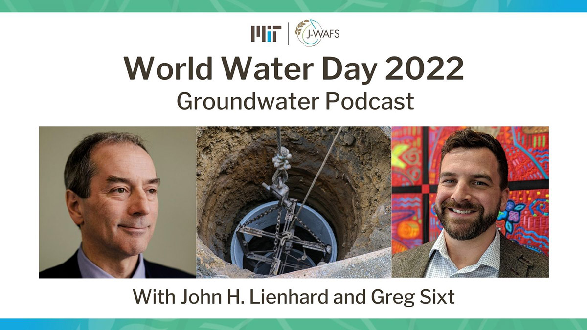 Banner with headshots for John Lienhard and Greg Sixt with a picture of a ground well in between. Text reads World Water Day 2022 Groundwater Podcast with the J-WAFS logo at the top