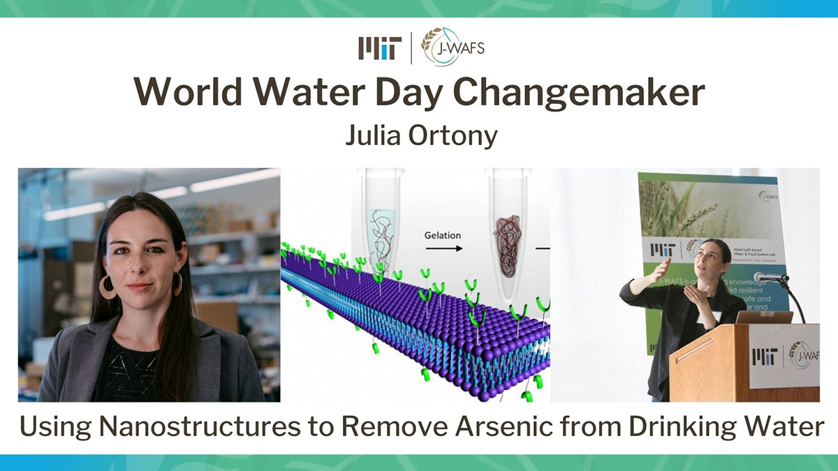 Headshot of Julia Ortony alongside a rendering of her nanofiber technology, and another photo of her speaking at a podium at a J-WAFS conference