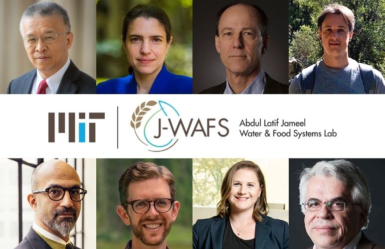 Headshots of the 2022 J-WAFS seed grant recipients (clockwise from top left) Gang Chen, Heather J. Kulik, Gregory C. Rutledge, César Terrer, John E. Fernández, Scott Odell, Ariel L. Furst, and Michael Triantafyllou