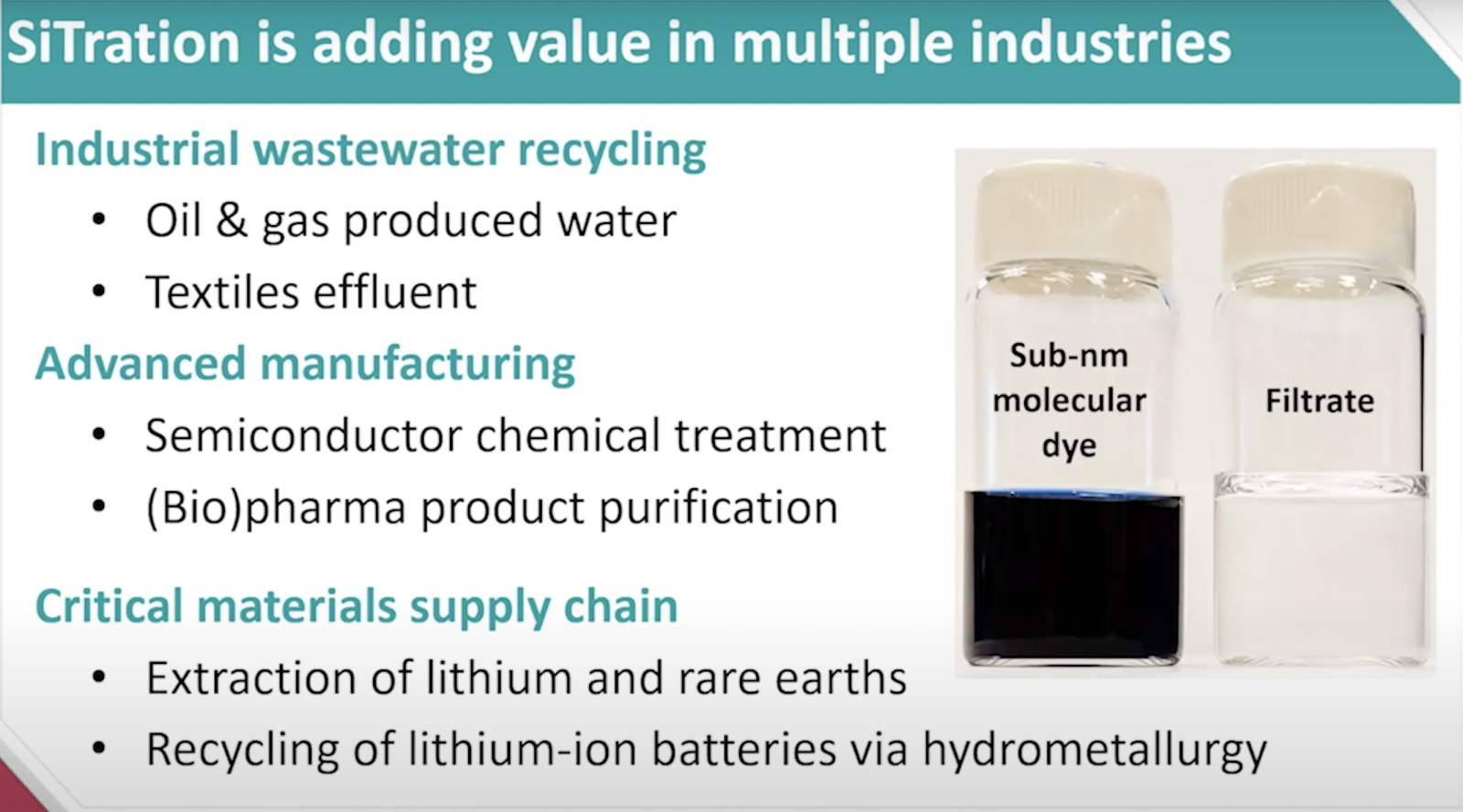 Slide that says SiTration is adding value in multiple industries: Industrial wasterwater recycling, advanced manufacturing, and critical materials supply chain