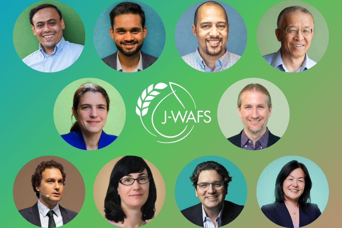 A graphic with J-WAFS blues and greens, the J-WAFS logo in the middle in white, and 10 circular photos of MIT faculty