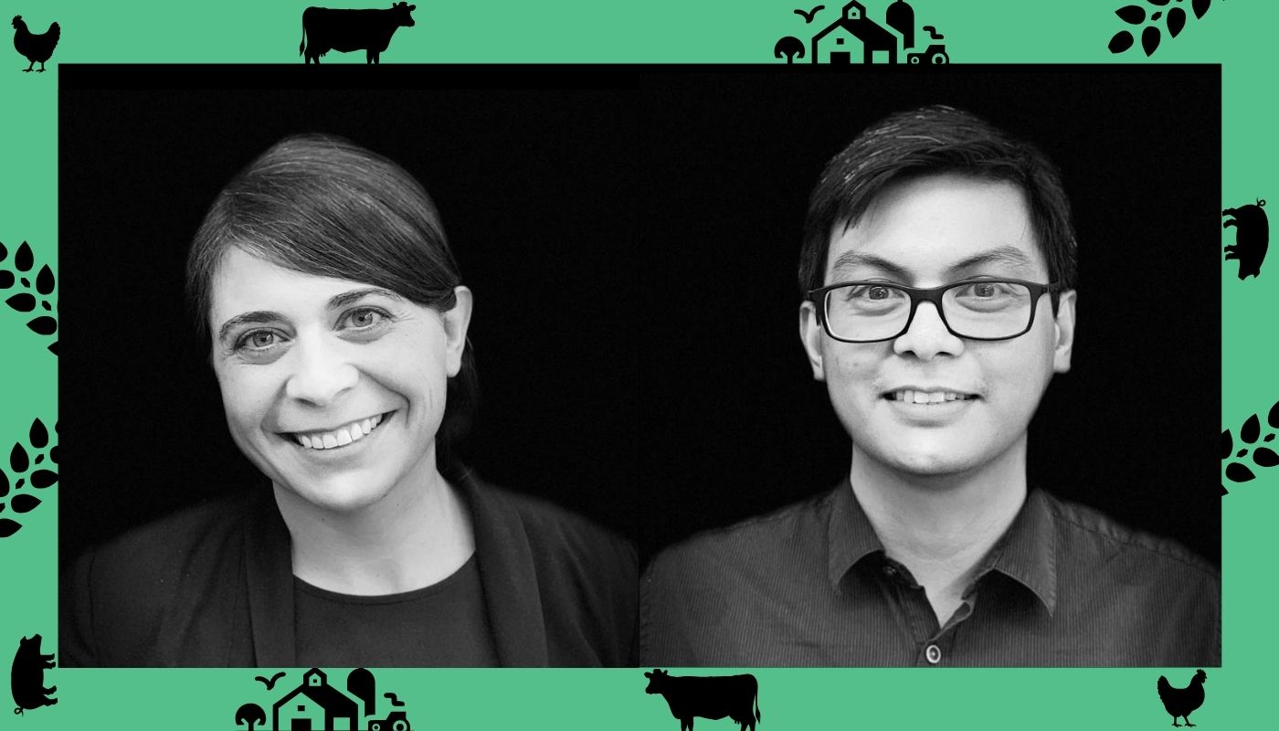 A graphic featuring headshots of Desiree Plata and Glen de Vera on a black background with a green border with silhouettes of cartoon farm animals