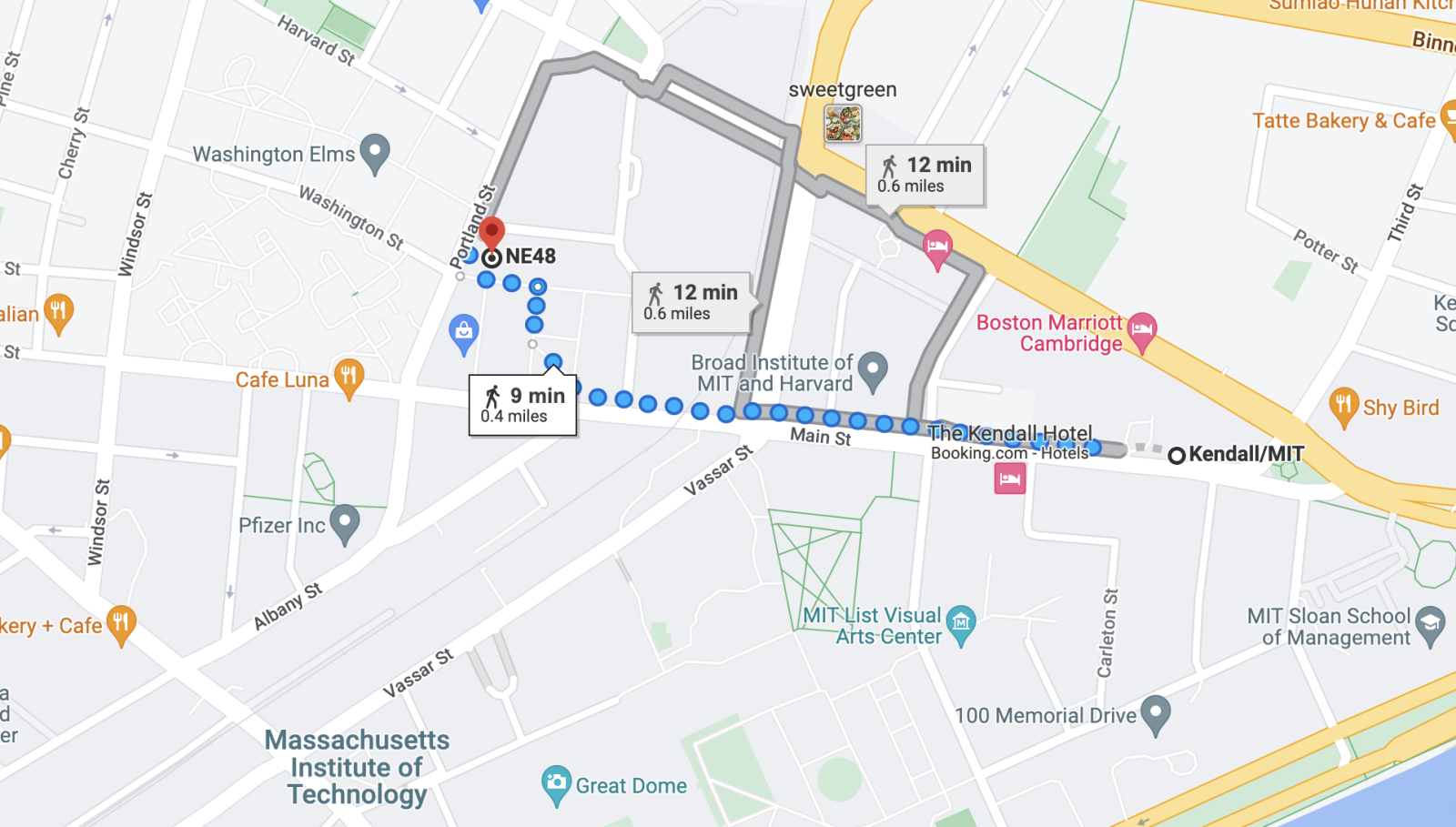 Google Maps rendering of walking directions from Kendall Sq to MassBioHub in Cambridge, MA