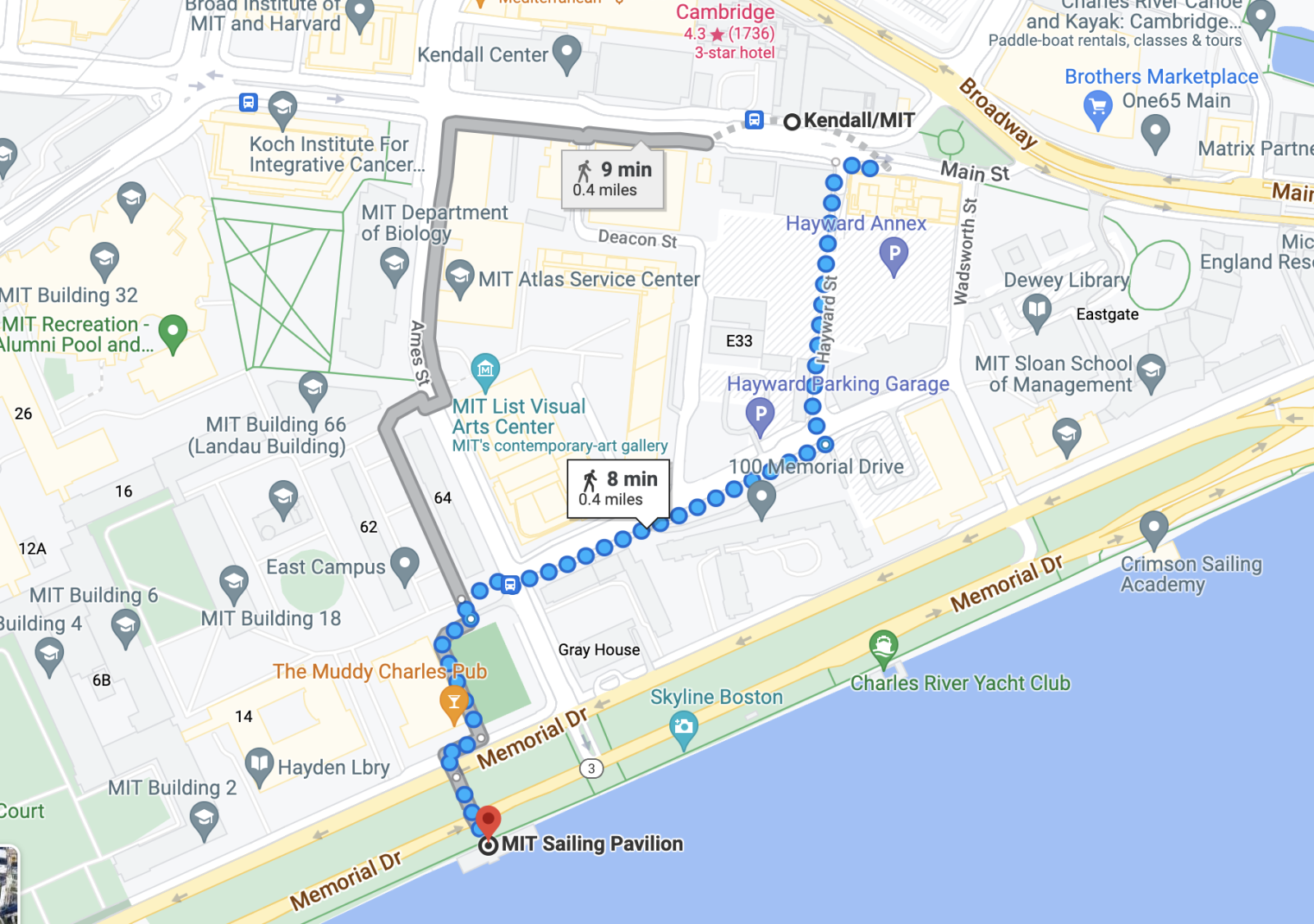Google Map rendering of Kendal Square in Cambridge, MA showing walking directions to MIT Sailing Pavilion