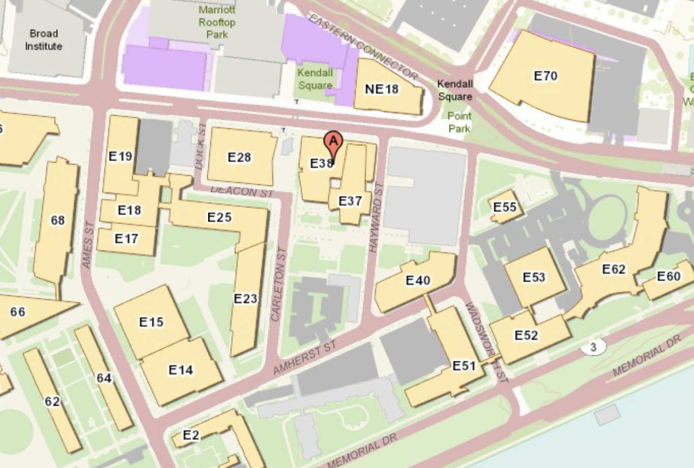 MIT of MIT's campus with a red pin in Building E38