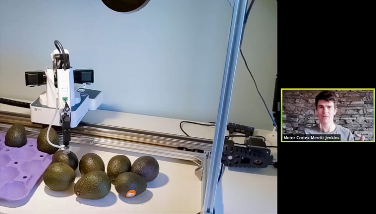 Merrit Jenkins of motorCotex presents virtually on his teams robotic arm that can pick up avocados (pictured right)