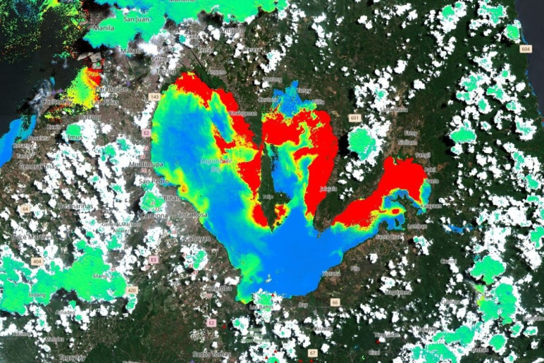 Satellite image of Laguna Lake in heat map colors of red, blue, and green