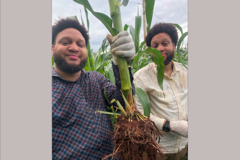 Researchers Malik George (left) and Miles George (right) hold up the roots of a plant