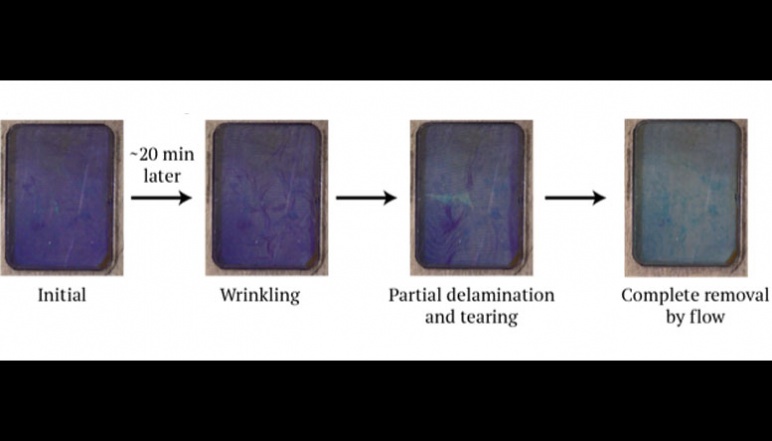 Four video stills of membranes being cleaned of purple biofilm.