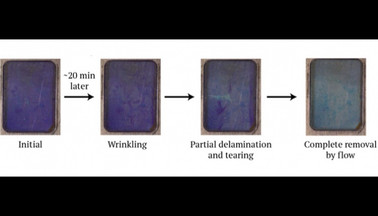 Four video stills of membranes being cleaned of purple biofilm. 