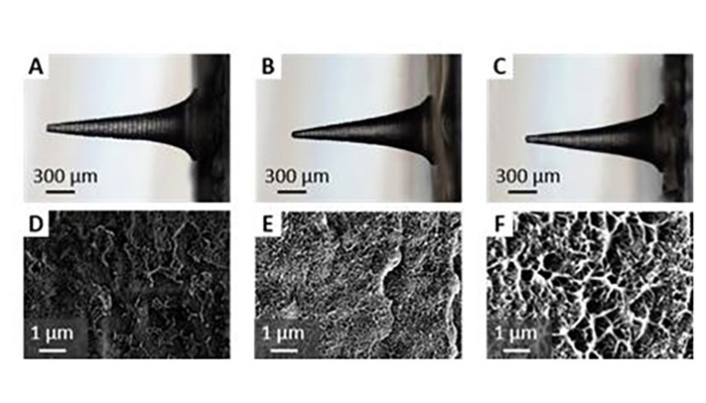 Microscope image of silk microneedles in black and white