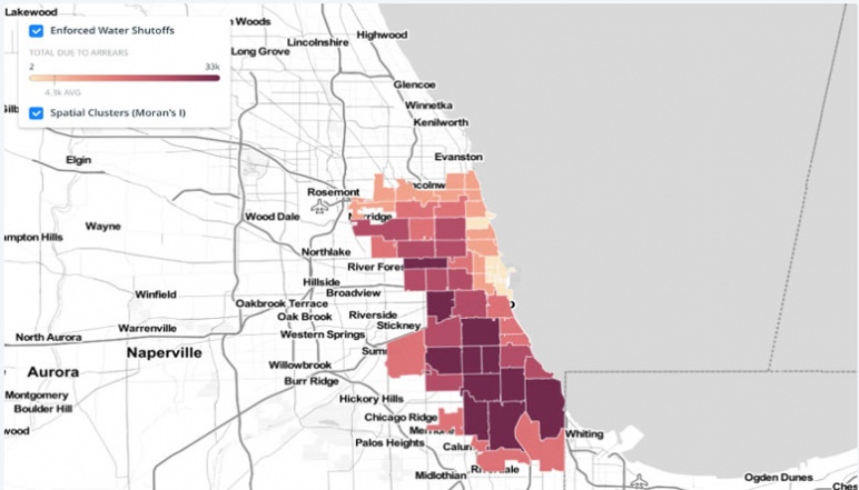 A digital map depicting data on water shut-offs in Chicago from 2011-2017