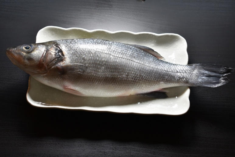 A seabass sits in a tray