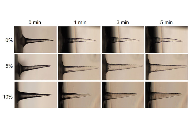 12 small photos of the micro needle at different stages in a gel solution