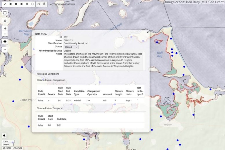 Map of Boston Harbor area showing shellfishing embayment closure rules and conditions