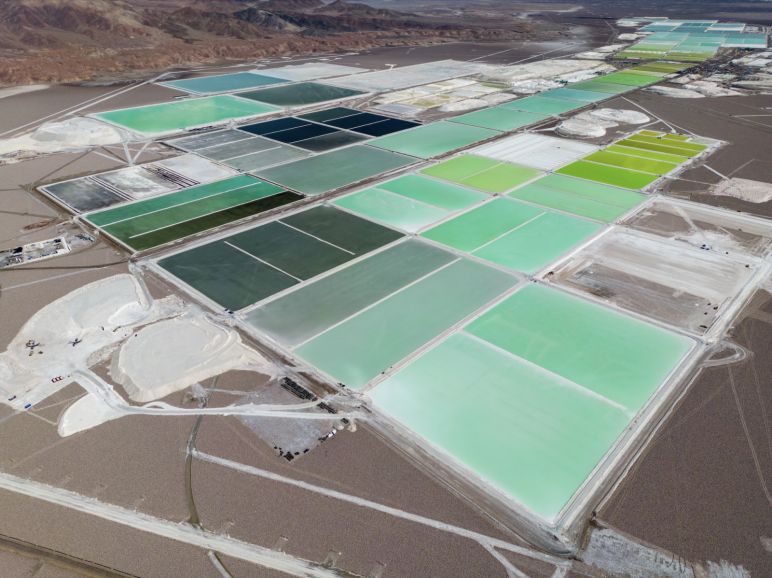 Lithium-rich brine evaporation ponds in the Atacama Desert, Chile 