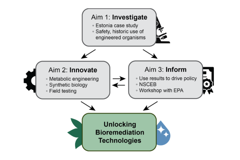 Three main goals of a project: investigating safety and historic use of organisms, innovating through synthetic biology, and informing policy through workshops and results.
