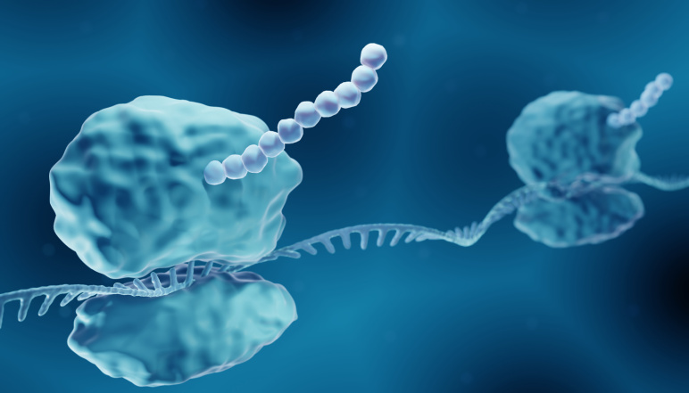 Two large circular opjects moving along a double-helix structure with smaller circular strands forming from them.