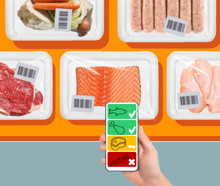 A hand holding an app with four multicolored boxes on it over packages meat and fish.