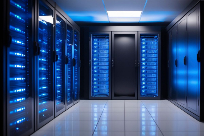 Inside of a data center with racks of servers glowing blue inside of large black cases
