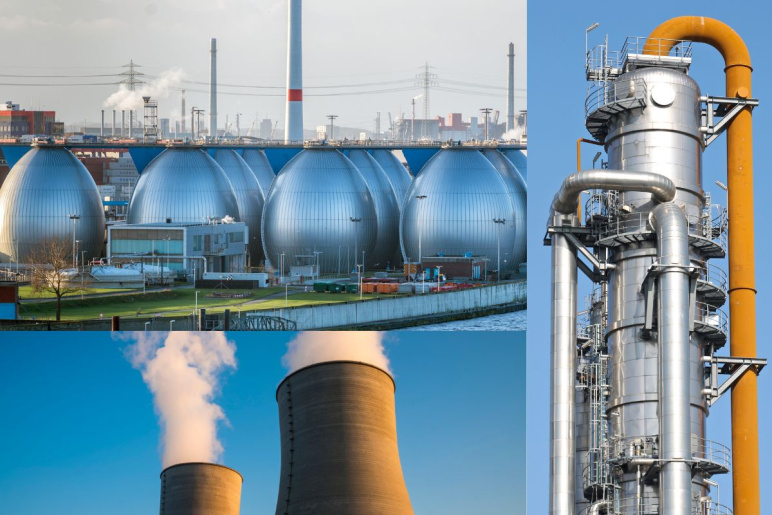 three image collage of a desalination plant, a distillation tower, and a thermal distillation smoke stack 