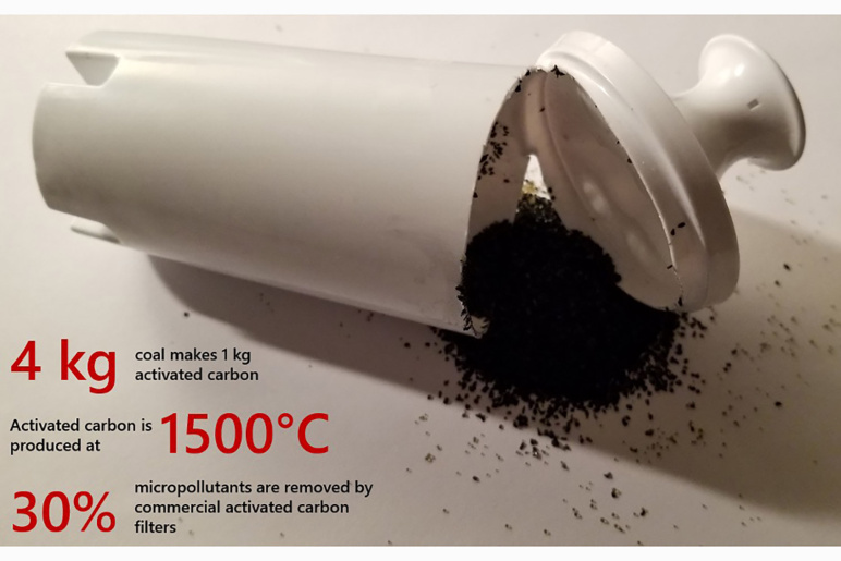 activated carbon filter that is opened to show the black dots of carbon inside 