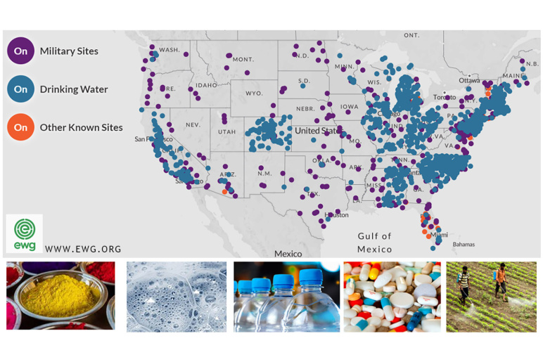 Map of the U.S. showing sites with dots at which PFAS, a specific kind of micropollutant were known to be persistently present, as of 2022