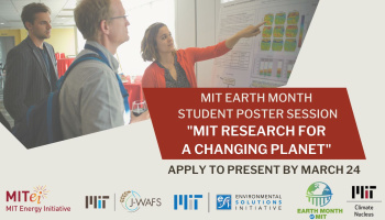 Woman showing a poster to men with Logos for J-WAFS, MITEI, ESI, MIT Climate Nucleus, and MIT Earth Month