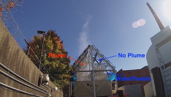 Image of vapor escaping from a building, vs another building that uses the project's technology, showing no vapor