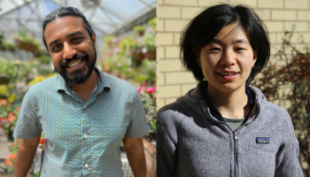 side by side photos of Gokul Sampath standing in a greenhouse of flowers and Jie Yun standing outside in front of a tan brick building