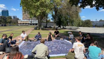 MIT professors Eran Ben-Joseph and Mary Anne Ocampo (back row, center) led a session for the “Industrial Urbanism: Site Planning, Environmental Systems, and Energy Transition” class at the Universidad Nacional Autónoma de México (UNAM) campus in Mexico City.