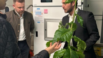Robbie Wison holds a plant, showing it to two other people in a lab