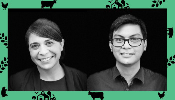A graphic featuring headshots of Desiree Plata and Glen de Vera on a black background with a green border with silhouettes of cartoon farm animals