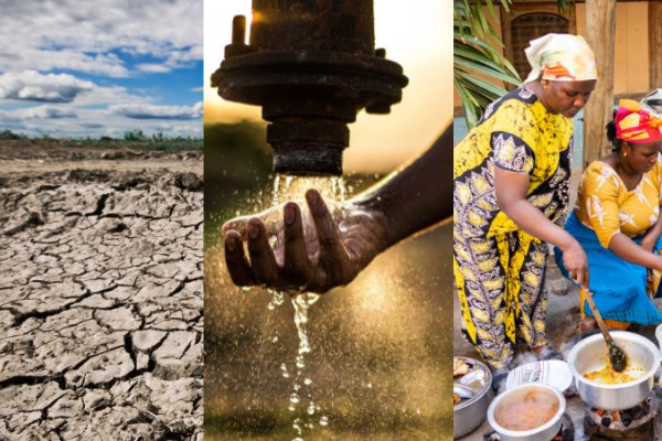 Three side by side photographs, the first of degraded, dried, land, the second of a hand under a water spigot, and the third of African women cooking food at an outdoor market