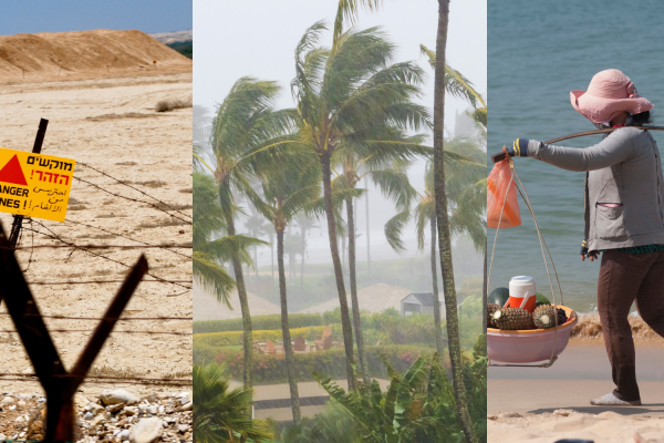 Three side-by-side images of a desert with a sign that says land mines, a tropical storm blowing palm trees, and a person walking on a beach carrying a large stick that is supporting to baskets of food on either side
