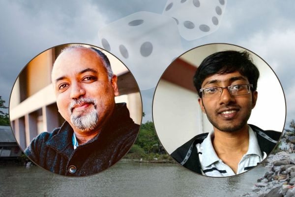J-WAFS PI Ravela and postdoc Saha headshot, dice in background with water graphic